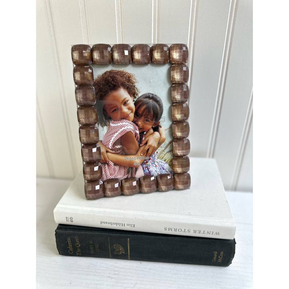 Vintage Beveled Shimmer Wood Beads Knobs Boho Decor Photo Frame 7.5"